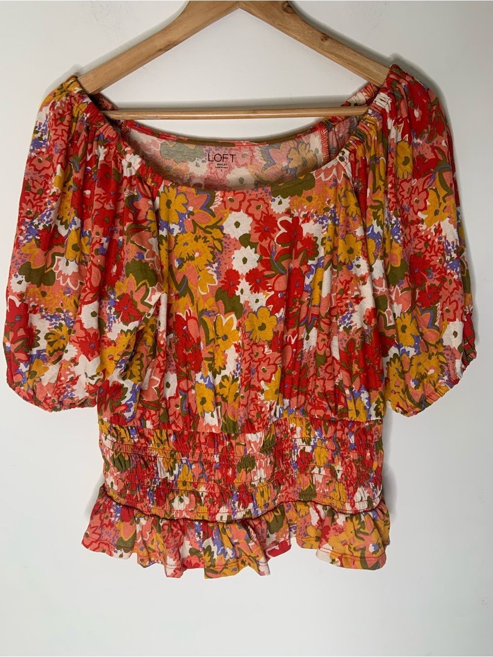 LOFT Red Multi Floral Cotton Puff Sleeve Smocked Waist Blouse S Spring